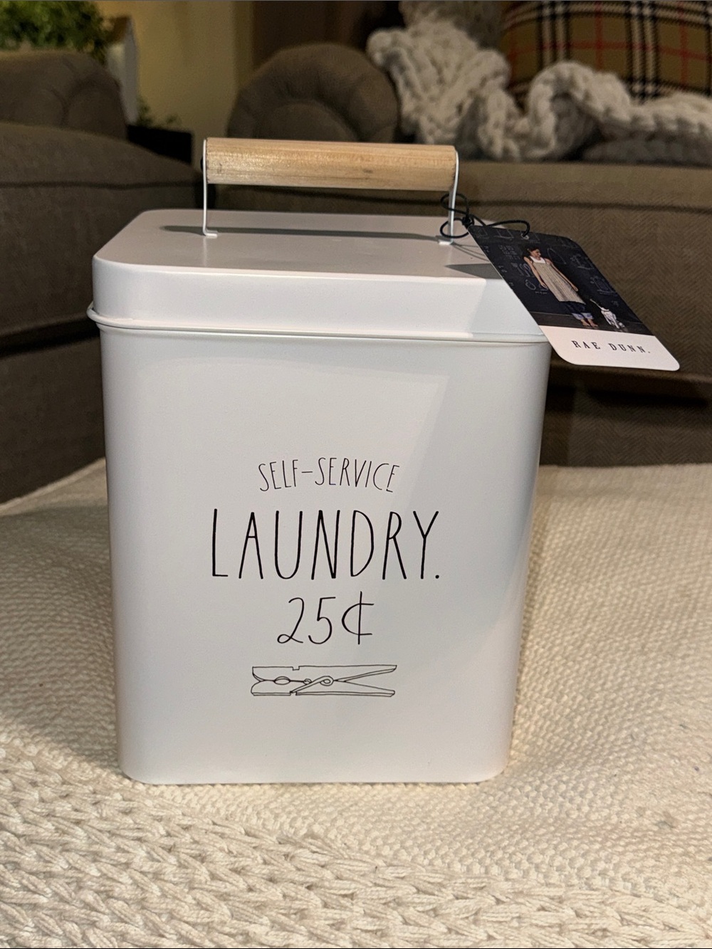 NWT RAE DUNN SELF-SERVICE LAUNDRY STORAGE TIN WOODHANDLE LAUNDRY ORGANIZATION
